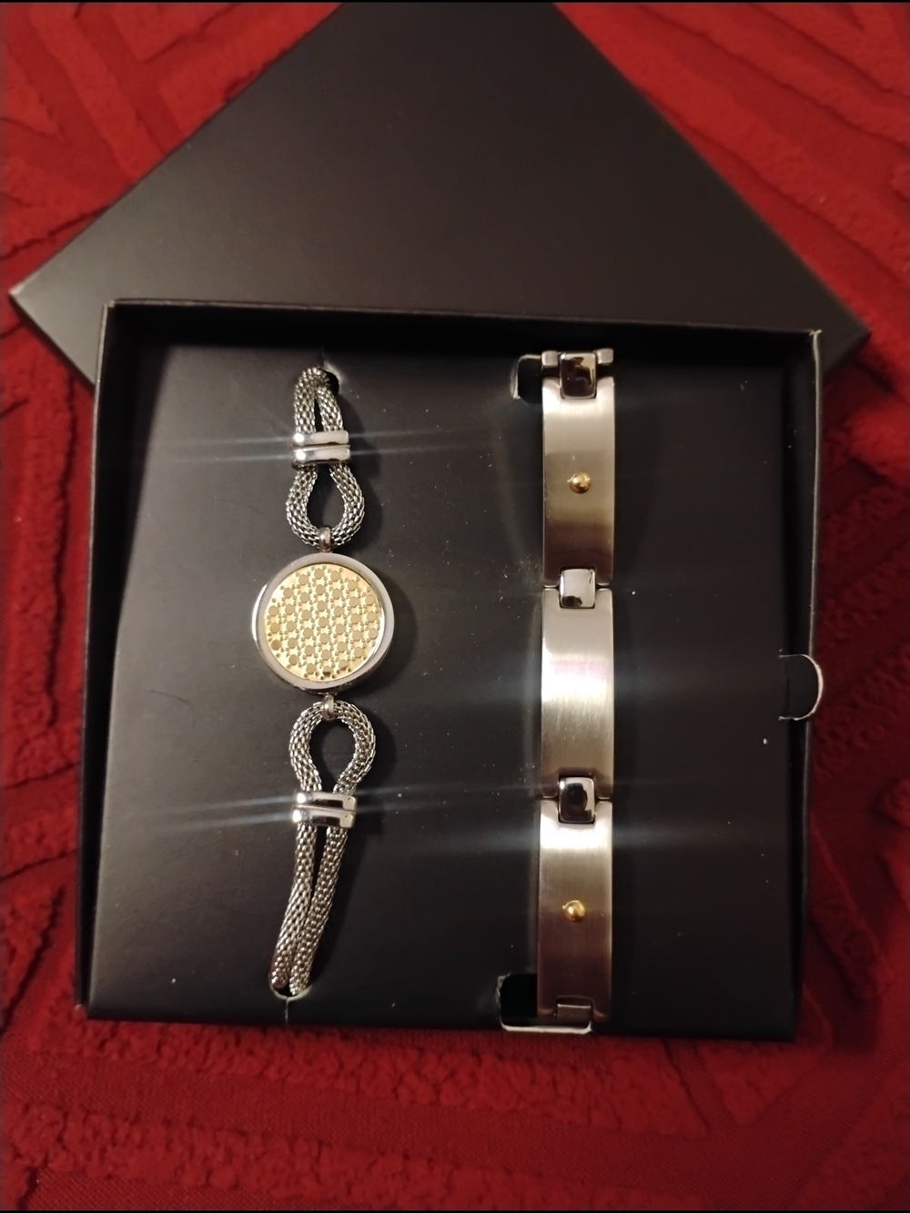 Two-Piece his and hers Silver and Gold Accent  Bracelet Set